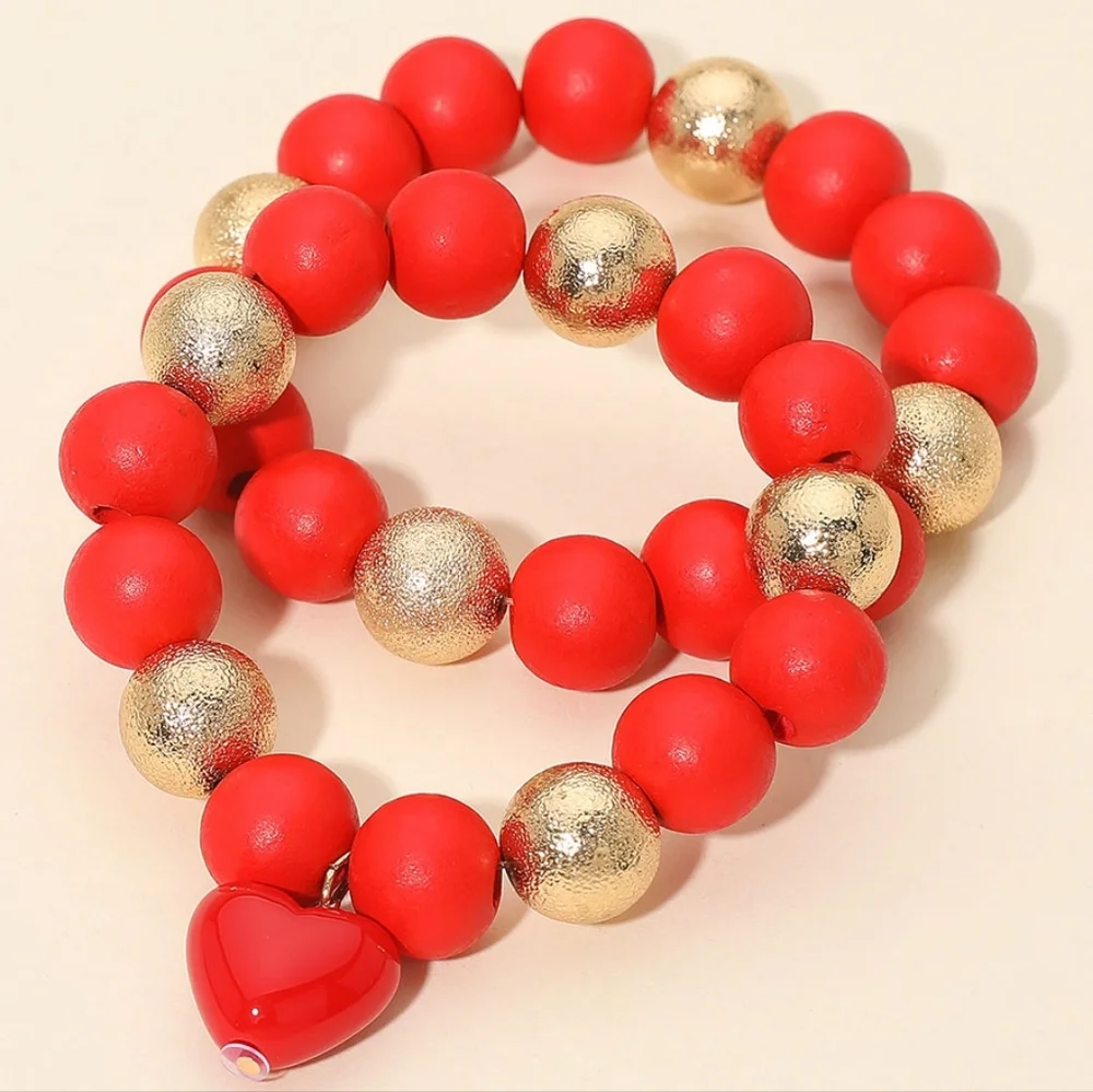 Red Gold Heart Charm Layered Metal Ball Chunky Wooden Beaded Stretch Bracelet